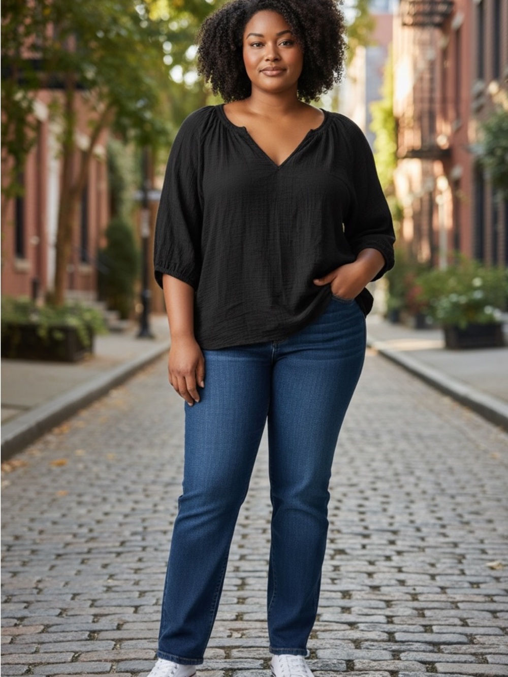 NWT Torrid Gauze Pleated Plus Size Blouse Black V-Neck 3/4 Sleeve 2X
